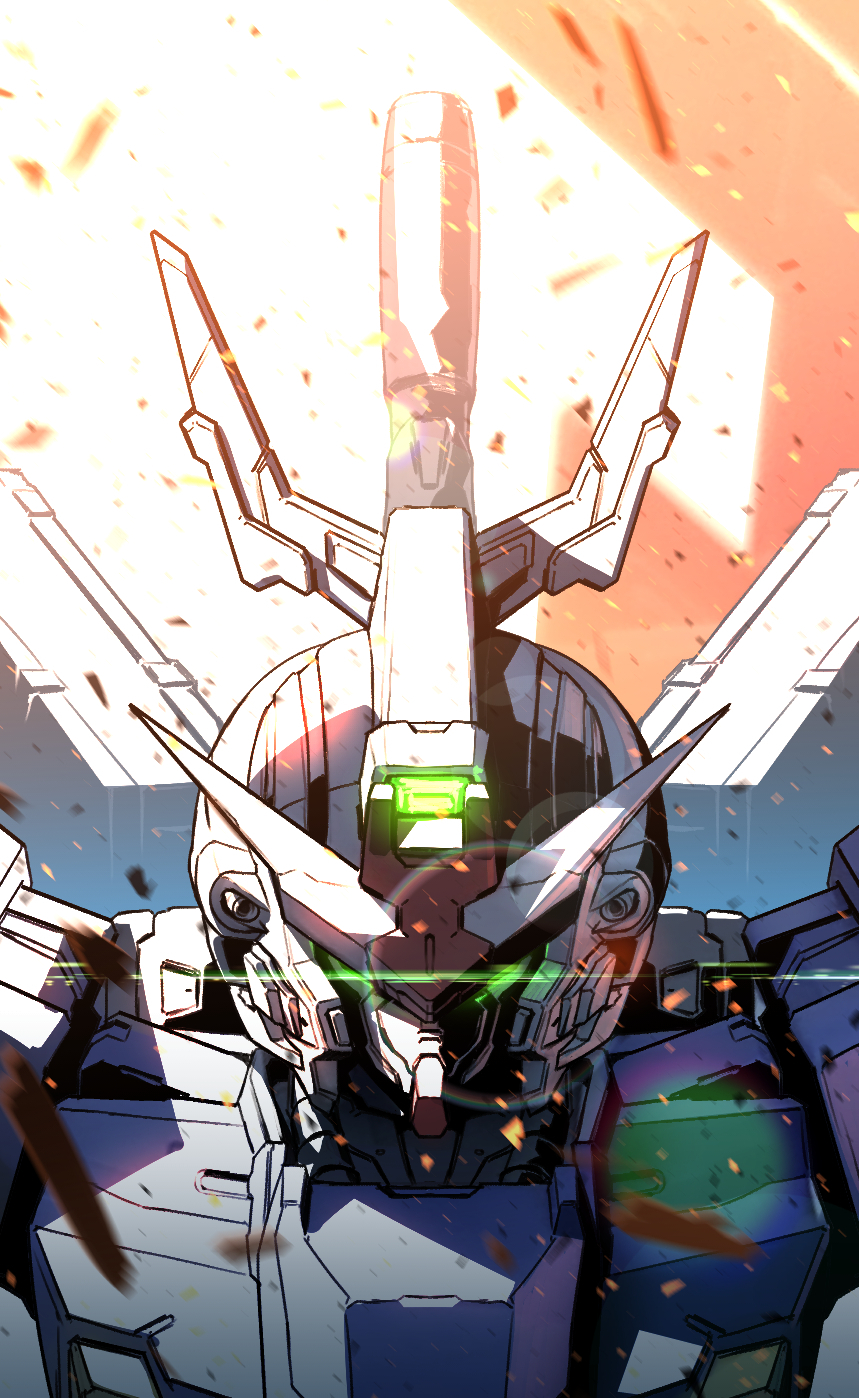 embers, glowing, glowing_eyes, green_eyes, gundam, highres, kuri_giepi, looking_down