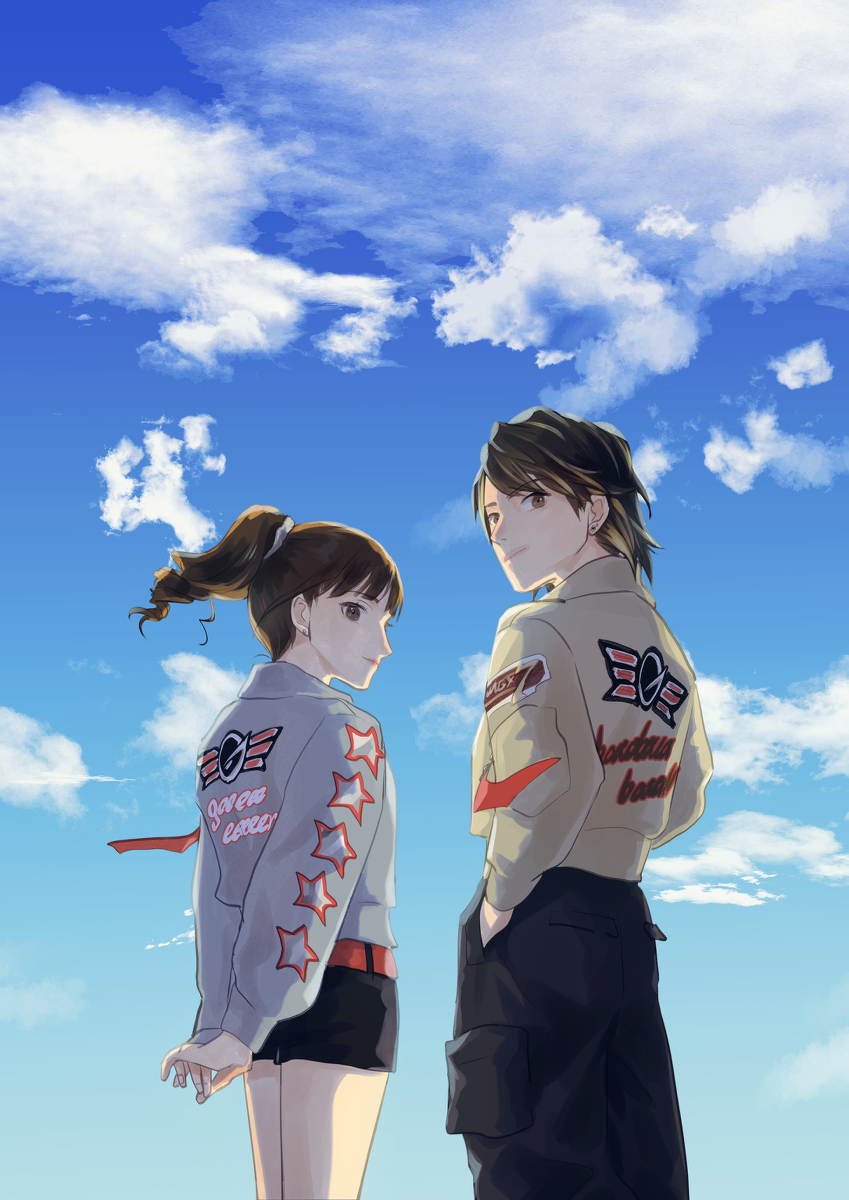 blue_sky, brother_and_sister, brown_eyes, brown_hair, cloud, engine_sentai_go-onger, highres, hu_ji, siblings, sky, super_sentai, sutou_hiroto, sutou_miu