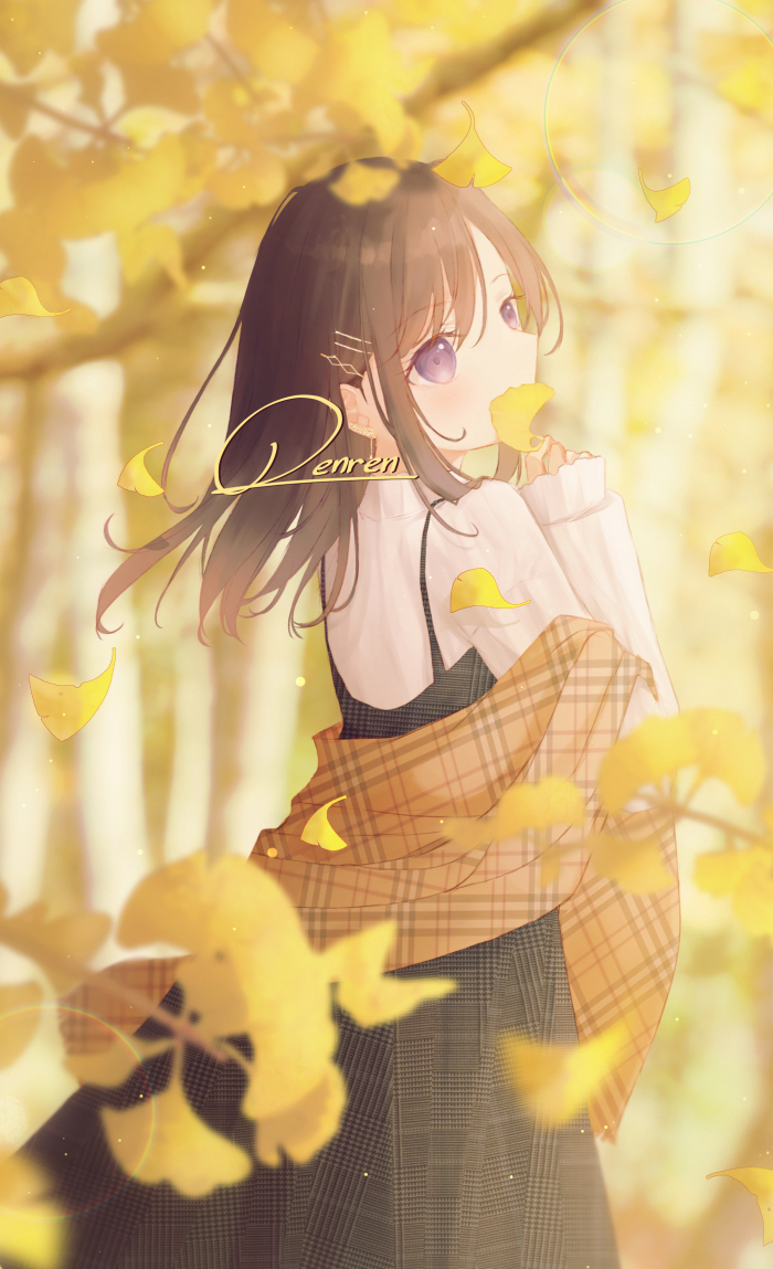 1girl, autumn, autumn_leaves, black_dress, blurry, blush, brown_hair, commentary