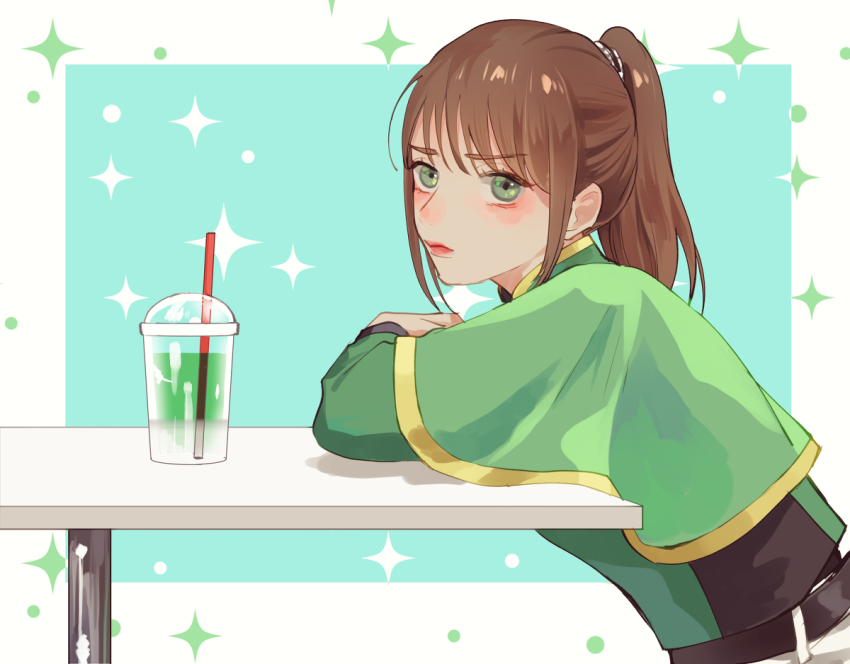 1girl, brown_hair, empty_smoothie_cup, green_eyes, hayami_sena, hu_ji, mashin_sentai_kiramager, sparkling, super_sentai, table