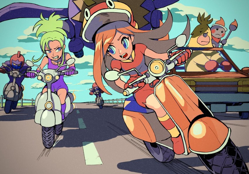2girls, aircraft, art_(warioware), blue_eyes, blue_sky, boots, car, character_request, cloud, deco_(warioware), gloves, green_hair, hat, highres, long_hair, mona_(warioware), motor_vehicle, multiple_girls, nintendo, open_mouth, orange_hair, pizza_dinosaur, ponytail, rinabe_(@rfufvas3phbxkxa), road, scooter, skirt, sky, vanessa_(warioware), warioware, warioware:_touched!
