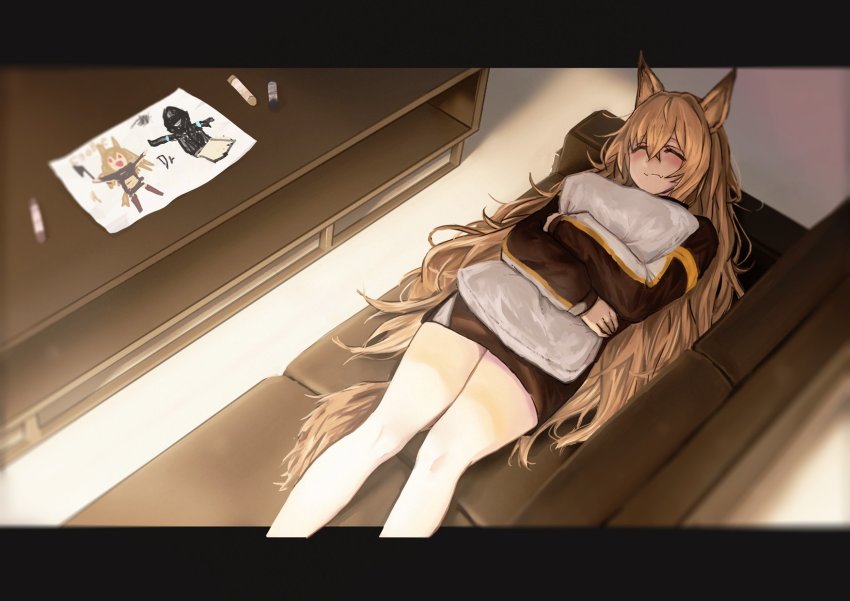 1girl, ^_^, animal_ears, arknights, axe, bare_legs, black_coat, blurry, blurry_foreground, blush, boots, brown_hair, buchi_k018, ceobe_(arknights), child's_drawing, closed_eyes, coat, couch, crayon, doctor_(arknights), dog_ears, dog_girl, dog_tail, drawing, fang, feet_out_of_frame, framed, from_above, hair_between_eyes, highres, holding, holding_pillow, holding_weapon, hug, jacket, letterboxed, long_hair, long_sleeves, lying, mask, mask_on_head, hugging_object, on_back, pillow, red_eyes, skin_fang, smile, solo, table, tail, thighs, weapon