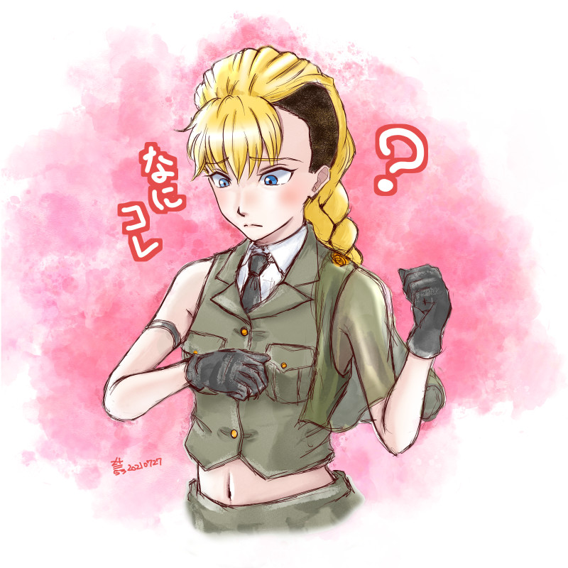 alternate_costume, blonde_hair, bonple_military_uniform, braid, braided_ponytail, capelet, confused, dress_shirt