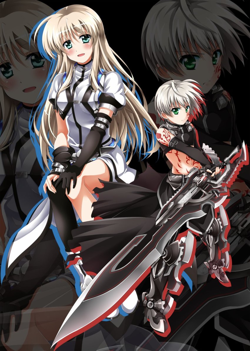 1boy, 1girl, aqua_eyes, armor, asymmetrical_clothes, asymmetrical_gloves, black_gloves, black_pants