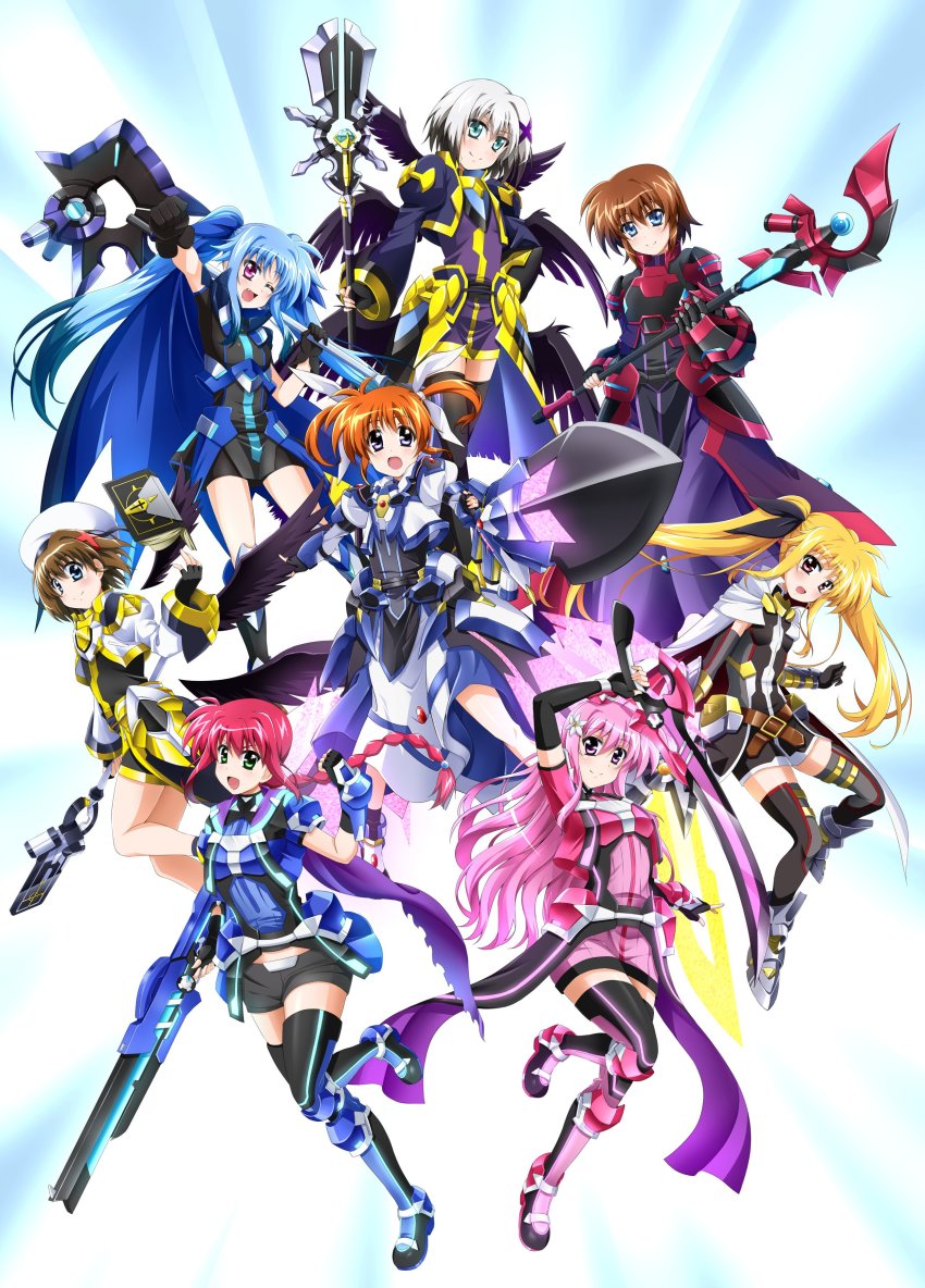 6+girls, ;d, absurdres, amitie_florian, armor, armored_skirt, bardiche_(blitz_saber_form)_(nanoha), bardiche_(nanoha)