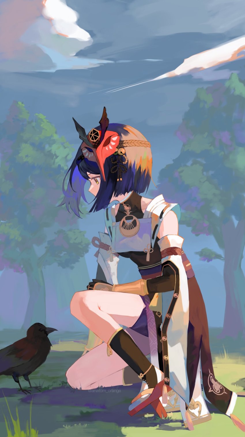 1girl, anatom_orange, bad_id, bad_pixiv_id, bird, bird_mask, black_bodysuit, black_gloves, blue_hair, bodysuit, cloud, from_side, genshin_impact, geta, gloves, highres, japanese_clothes, kujou_sara, mask, mask_on_head, obi, outdoors, sash, short_hair, sky, squatting, tassel, tengu, tree, yellow_eyes
