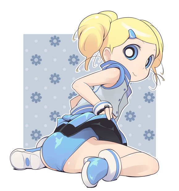 00s, 1girl, ass, black_gloves, blonde_hair, blue_background, blue_boots, blue_eyes