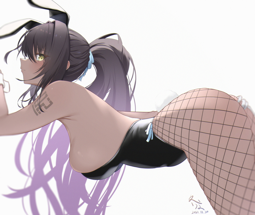 1girl, absurdres, animal_ears, ass, bare_shoulders, bent_over, black_hair, black_leotard