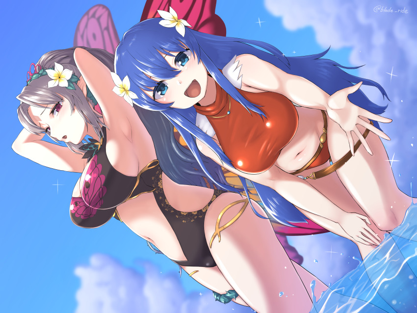2girls, :d, absurdres, alternate_costume, armpits, arms_behind_back, arms_up, bikini
