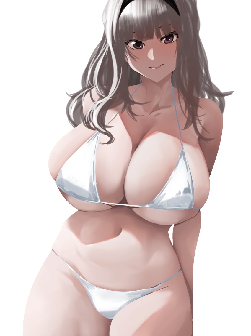 1girl, absurdres, arms_behind_back, bare_shoulders, bikini, black_hairband, breasts, cleavage