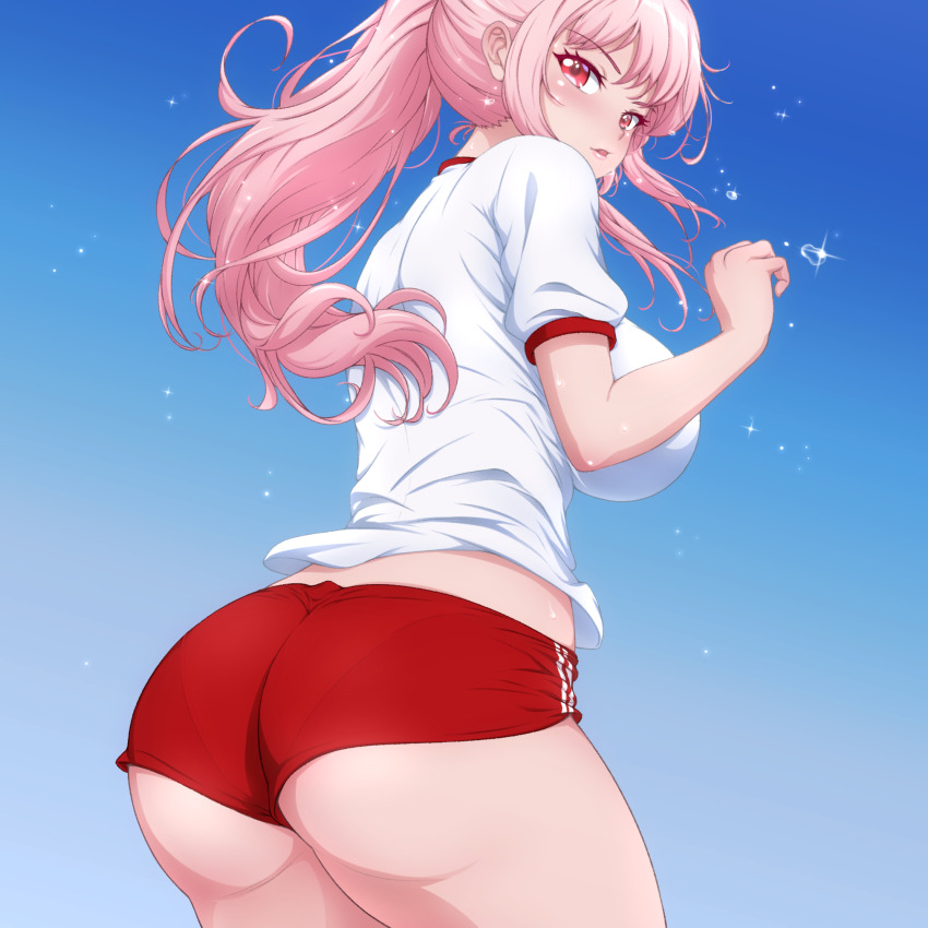 1girl, ass, blue_background, blush, breasts, buruma, gym_shirt, gym_uniform