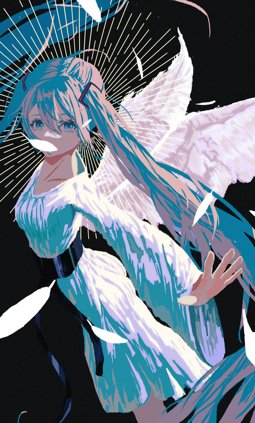 1girl, absurdres, angel, angel_wings, bare_legs, black_footwear, blue_eyes, blue_hair