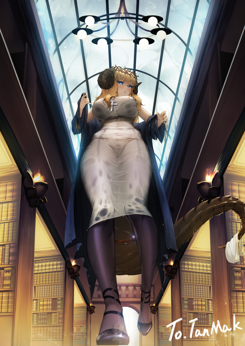 artist_request, black_bra, blonde_hair, blue_eyes, blush, bra, bracelet, breasts, bright_pupils, commission, covered_navel, crown_of_thorns, dragon_horns, dragon_tail, dress, facing_away, foreshortening, from_below, garter_straps, highres, horns, huge_breasts, indoors, jewelry, library, long_dress, long_hair, off_shoulder, original, parted_lips, rosary, second-party_source, sidelocks, solo, tail, thighhighs, underwear, undressing, via_stella, wet, wet_clothes, wet_dress, white_dress