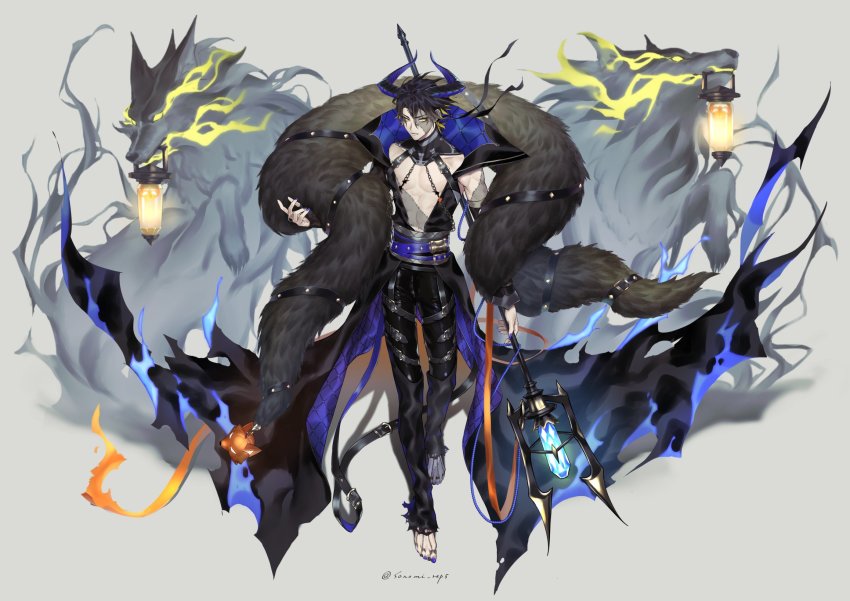 1boy, abs, alchemy_stars, alternate_costume, barefoot, belt, belt_buckle, black_coat, black_pants, buckle, coat, colored_inner_hair, commentary_request, detached_sleeves, eye_trail, feather_boa, full_body, grey_background, halloween, highres, holding, holding_staff, horns, hydrad_(alchemy_stars), jewelry, lantern, light_trail, looking_at_viewer, male_focus, multicolored_hair, nail_polish, open_mouth, pants, patchwork_skin, pectorals, purple_nails, ring, short_hair, simple_background, single_detached_sleeve, solo, sonomi, staff, teeth, twitter_username, wolf, yellow_eyes