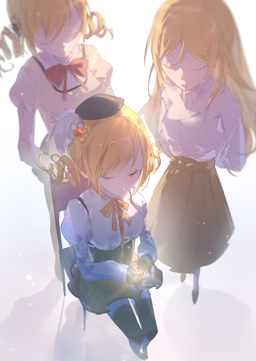 3girls, aged_up, arms_behind_back, backlighting, beige_blouse, beret, black_gloves, black_headwear