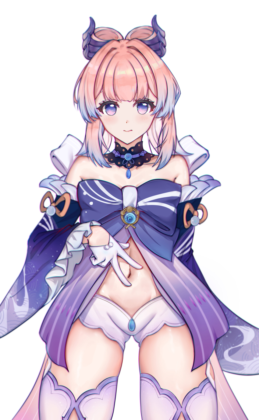 1girl, absurdres, blue_eyes, blunt_bangs, blush, bow, bowtie, cowboy_shot, frilled_sleeves, frills, genshin_impact, gloves, hair_ornament, highres, lao_lai, long_hair, looking_at_viewer, navel, pink_hair, sangonomiya_kokomi, short_shorts, shorts, simple_background, spread_navel, thighhighs, vision_(genshin_impact), water_drop, white_background, white_gloves, wide_sleeves