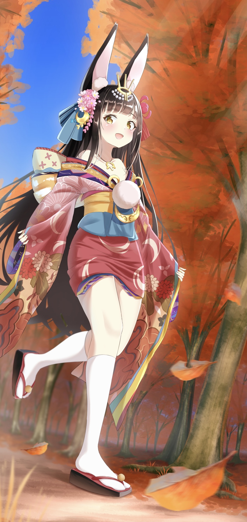 1girl, :d, absurdres, animal_ears, autumn_leaves, azur_lane, bare_shoulders, black_hair