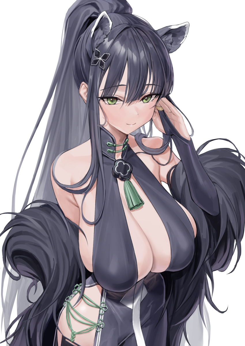 1girl, absurdres, animal_ears, black_dress, black_hair, blue_archive, breasts, bridal_gauntlets, china_dress, chinese_clothes, cleavage, dress, gdd_(vkejr702), green_eyes, hair_between_eyes, hair_ornament, highres, large_breasts, long_hair, looking_at_viewer, ponytail, shun_(blue_archive), sidelocks, simple_background, solo, tassel, tiger_ears, tiger_girl, upper_body, very_long_hair, white_background
