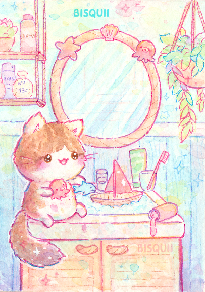 :3, :d, animal, animal_focus, artist_name, baby_animal, bathroom, bisquii