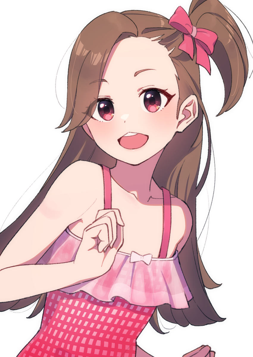1girl, afnroll, blush, breasts, brown_hair, gems_company, highres, long_hair, naninu_nene, open_mouth, red_eyes, small_breasts, swimsuit, virtual_youtuber