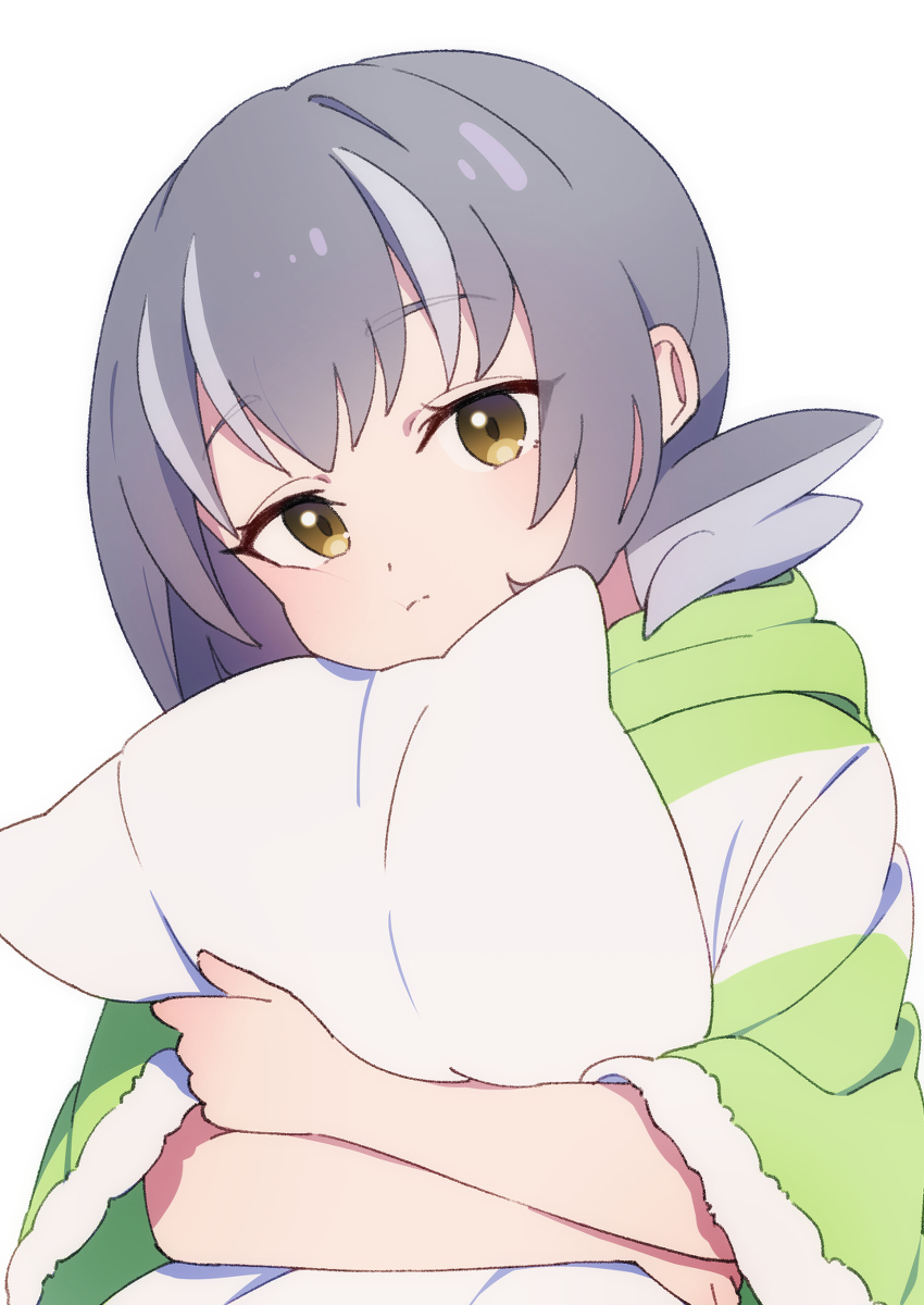 1girl, afnroll, blush, closed_mouth, gems_company, grey_hair, highres, kosedo_ramu