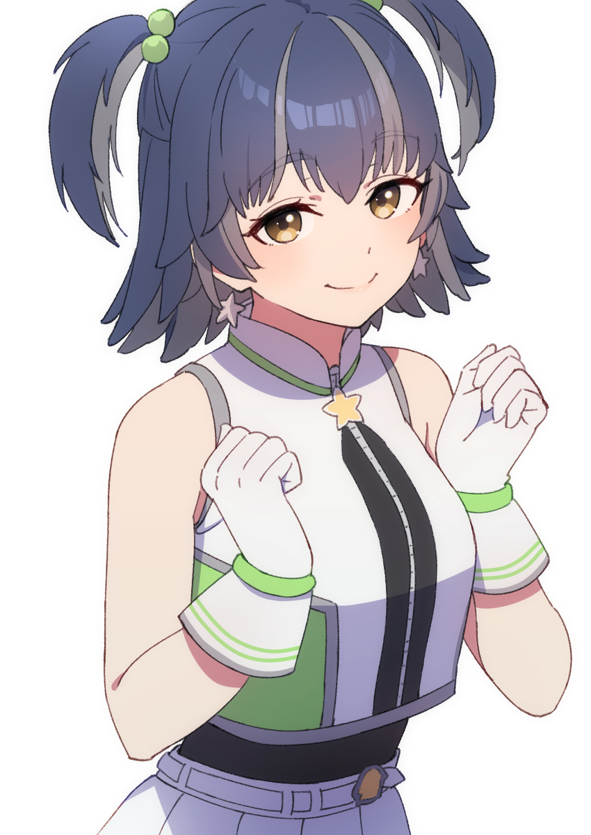 1girl, afnroll, black_hair, blush, breasts, gems_company, highres, kosedo_ramu, looking_at_viewer, medium_breasts, skirt, smile, virtual_youtuber, yellow_eyes