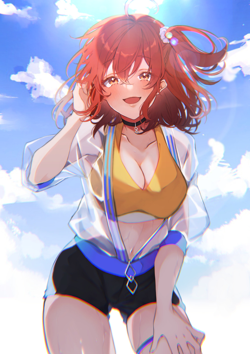 1girl, absurdres, ahoge, black_shorts, blush, breasts, choker, cleavage, fate/grand_order, fate_(series), fujimaru_ritsuka_(female), fujimaru_ritsuka_(female)_(summer_anniversary), hair_ornament, highres, jacket, jewelry, official_alternate_costume, open_clothes, open_jacket, open_mouth, orange_eyes, orange_hair, scrunchie, see-through_clothes, see-through_jacket, short_hair, shorts, sky, solo, sports_bra, sportswear, suna_co, sweat, thigh_strap, yellow_sports_bra, zipper