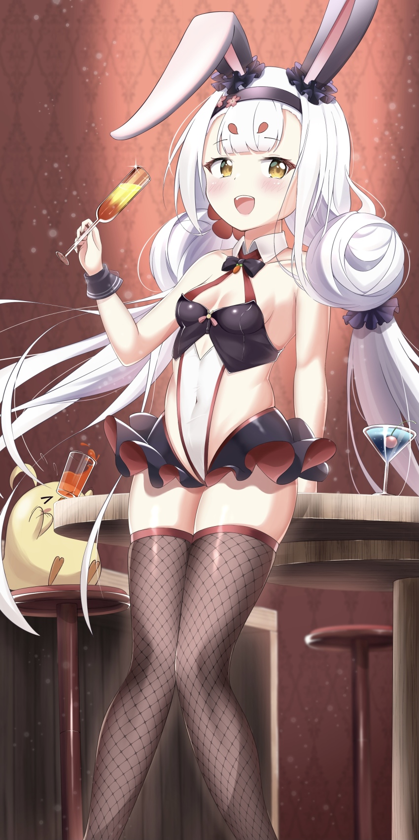 1girl, :d, absurdres, animal_ears, azur_lane, baby_animal, bar_(place), bar_stool