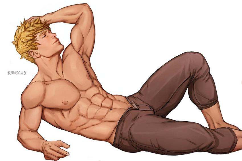 1boy, abs, artist_name, bara, blonde_hair, brown_pants, closed_eyes, closed_mouth