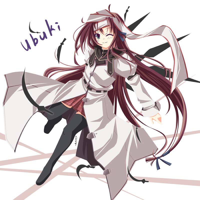 1girl, female_focus, kazumasa, mushiuta, plaid_clothes, plaid_skirt, shirakashi_ubuki, skirt, solo, thighhighs, zettai_ryouiki