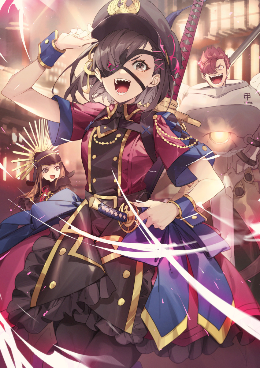 1boy, 2girls, absurdres, armor, black_capelet, black_hair, black_headwear, black_legwear