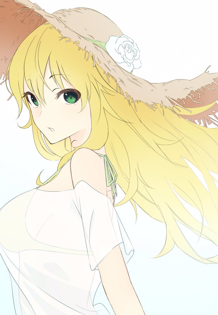 1girl, :o, bikini, bikini_under_clothes, blonde_hair, breasts, floating_hair, green_eyes, halterneck, hat, highres, hoshii_miki, idolmaster, idolmaster_(classic), idolmaster_million_live!, long_hair, looking_at_viewer, looking_to_the_side, medium_breasts, midriff, nasu_danshaku, see-through_clothes, see-through_shirt, sideways_glance, simple_background, solo, straw_hat, sun_hat, swimsuit, upper_body, very_long_hair, white_background
