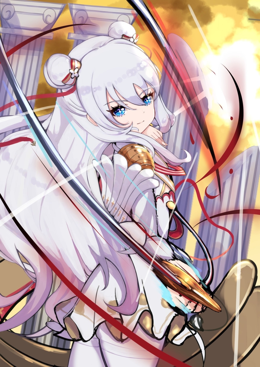 +_+, 1girl, azur_lane, blue_eyes, breasts, closed_mouth, commentary, double_bun