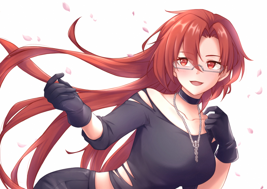 1girl, :d, absurdres, altheavin, black_choker, black_gloves, black_shirt, blouse, blush, caduceus, cherry_blossoms, choker, collarbone, falling_petals, floating_hair, glasses, gloves, hair_between_eyes, hair_intakes, highres, jewelry, labyrista_(princess_connect!), labyrista_(real)_(princess_connect!), long_hair, necklace, off-shoulder_shirt, off_shoulder, open_mouth, petals, princess_connect!, red_eyes, red_hair, semi-rimless_eyewear, shirt, smile, solo, torn_clothes, torn_shirt, under-rim_eyewear, very_long_hair, white_background