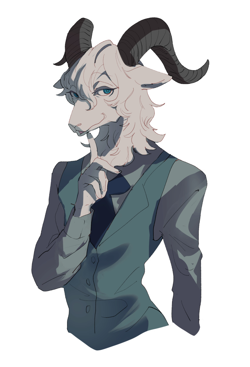 1boy, arm_at_side, beastars, black_neckwear, blue_eyes, goat, hand_up, highres