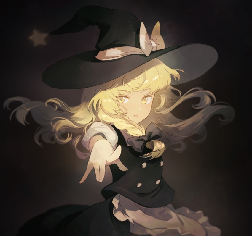 1girl, apron, bare_arms, black_skirt, black_vest, blonde_hair, bow, braid, breedo, brown_background, floating_hair, frilled_apron, frills, hair_bow, hat, hat_bow, highres, kirisame_marisa, long_hair, looking_at_viewer, outstretched_arm, pointing, pointing_at_viewer, puffy_short_sleeves, puffy_sleeves, reaching, reaching_towards_viewer, short_sleeves, side_braid, simple_background, single_braid, skirt, skirt_set, solo, star_(symbol), touhou, touhou_lost_branch_of_legend, upper_body, vest, waist_apron, white_apron, white_bow, witch_hat, yellow_eyes