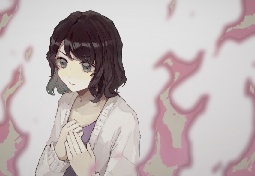 1girl, black_hair, cardigan, chinese_commentary, closed_mouth, fire, grey_eyes, hand_over_heart