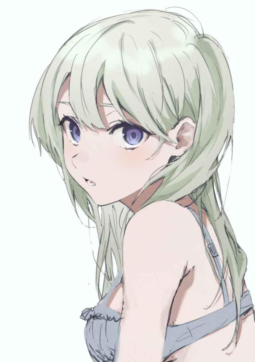 1girl, absurdres, bare_shoulders, blush, bra, frilled_bra, frills, green_hair