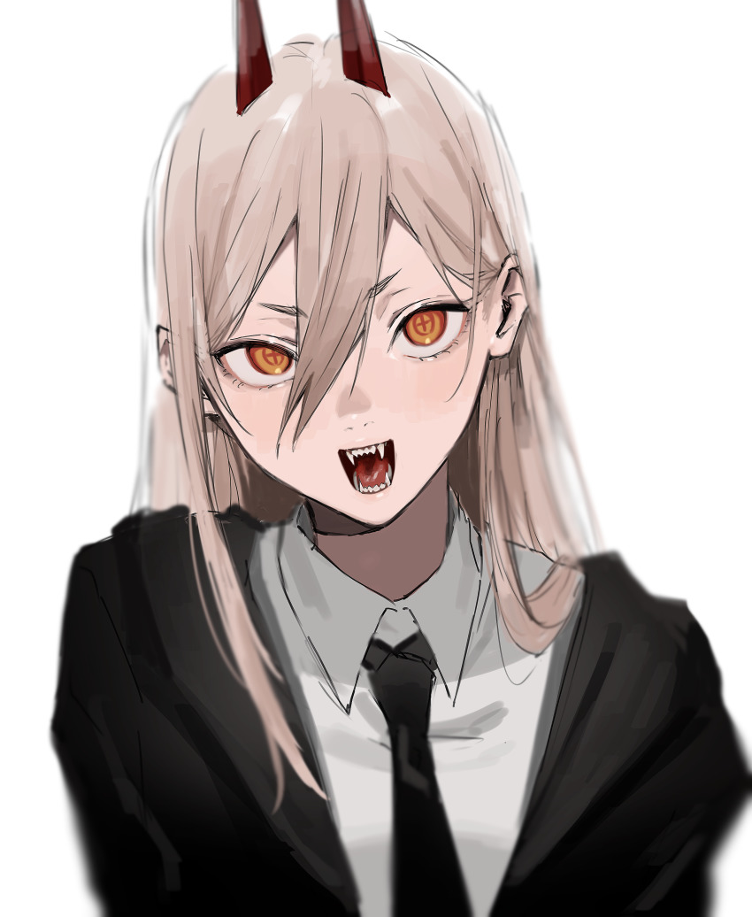 +_+, 1girl, absurdres, black_jacket, black_necktie, blonde_hair, blurry, breasts, chainsaw_man, collared_shirt, commentary, cross-shaped_pupils, demon_horns, depth_of_field, dress_shirt, fangs, hair_between_eyes, highres, horns, jacket, ktym_777, long_hair, looking_at_viewer, necktie, open_clothes, open_jacket, open_mouth, orange_eyes, power_(chainsaw_man), sharp_teeth, shirt, simple_background, small_breasts, smile, solo, straight_hair, symbol-shaped_pupils, teeth, tsurime, upper_body, white_background, white_shirt, wing_collar