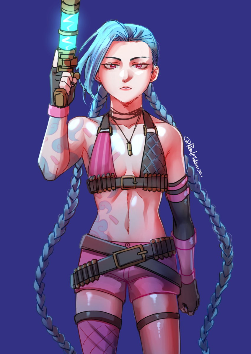 1girl, arcane:_league_of_legends, arm_tattoo, bare_shoulders, belt, black_nails, blue_background, blue_hair