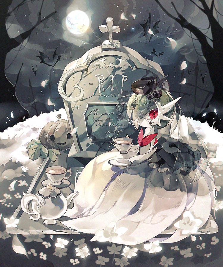 1girl, animal, bare_shoulders, bare_tree, bat_(animal), black_flower, black_hat, black_rose, bob_cut, chromatic_aberration, clothed_pokemon, cloud, coco7, colored_skin, cross, cup, dress, drink, elbow_gloves, english_text, female_focus, fence, flat_chest, flower, full_body, full_moon, gardevoir, gen_3_pokemon, get, glint, gloves, grass, grave, green_hair, grey_sky, hair_over_one_eye, halloween, hat, holding, holding_cup, holding_saucer, jack-o'-lantern, leaf, light_particles, light_rays, looking_to_the_side, mega_gardevoir, mega_pokemon, moon, moonlight, night, nintendo, one_eye_covered, outdoors, petals, pokemon, pokemon_(creature), pumpkin, red_eyes, rest_in_peace_(phrase), rose, saucer, see-through_clothes, short_hair, sitting, sky, solo, strapless, strapless_dress, tea, teacup, teapot, tombstone, tree, veil, white_dress, white_flower, white_gloves, white_skin, wind