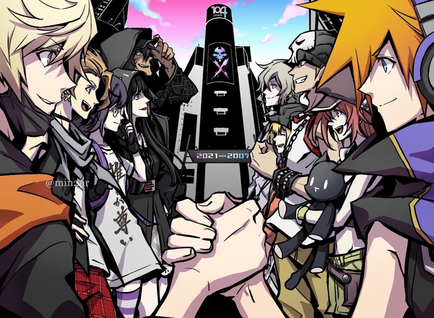 4girls, 6+boys, adjusting_clothes, adjusting_headwear, animal_hood, backpack, bag, baseball_cap, beanie, belt, bito_daisukenojo, bito_raimu, black_bow, black_coat, black_hair, blonde_hair, blue_eyes, bow, brown_eyes, brown_hair, building, newsboy_cap, cat_hood, chain, chain_necklace, city, closed_mouth, clothes_writing, coat, dark-skinned_male, dark_skin, dress, ear_piercing, earrings, eme_(204), eyebrows, face_mask, facial_mark, fanny_pack, fingerless_gloves, furesawa_tosai, gloves, green_skirt, grey_dress, grey_hair, grey_scarf, grey_shirt, hat, headphones, high_collar, hime_cut, hood, hoodie, jewelry, kanade_rindo, kiryu_yoshiya, lipstick, long_coat, long_hair, makeup, mask, minamimoto_sho, miniskirt, misaki_shiki, mouth_mask, multicolored_hair, multicolored_sky, multiple_boys, multiple_girls, necklace, nyantan, open_mouth, orange_hair, orange_hoodie, own_hands_clasped, pants, piercing, plaid_clothes, plaid_dress, plaid_pants, red_hair, sakuraba_neku, sakurane_shoka, scarf, shibuya_(tokyo), shin_subarashiki_kono_sekai, shirt, skirt, skull_print, sky, skyscraper, smile, spiked_hair, streaked_hair, striped_legwear, subarashiki_kono_sekai, tokyo_(city), undercut, usui_nagi, wavy_hair, whisker_markings, white_shirt