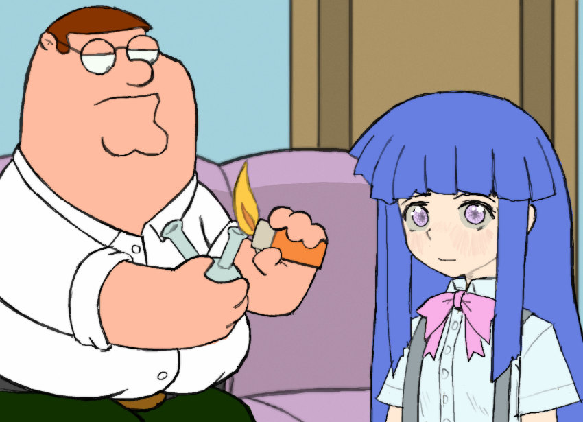 1boy, 1girl, absurdres, blue_hair, bow, crossover, drugs, family_guy