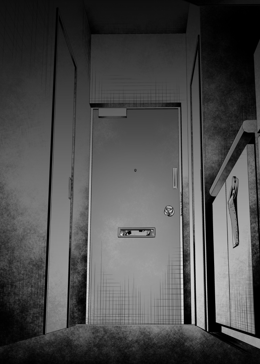 1girl, door, door_chain, doorway, empty_eyes, greyscale, head_out_of_frame, highres