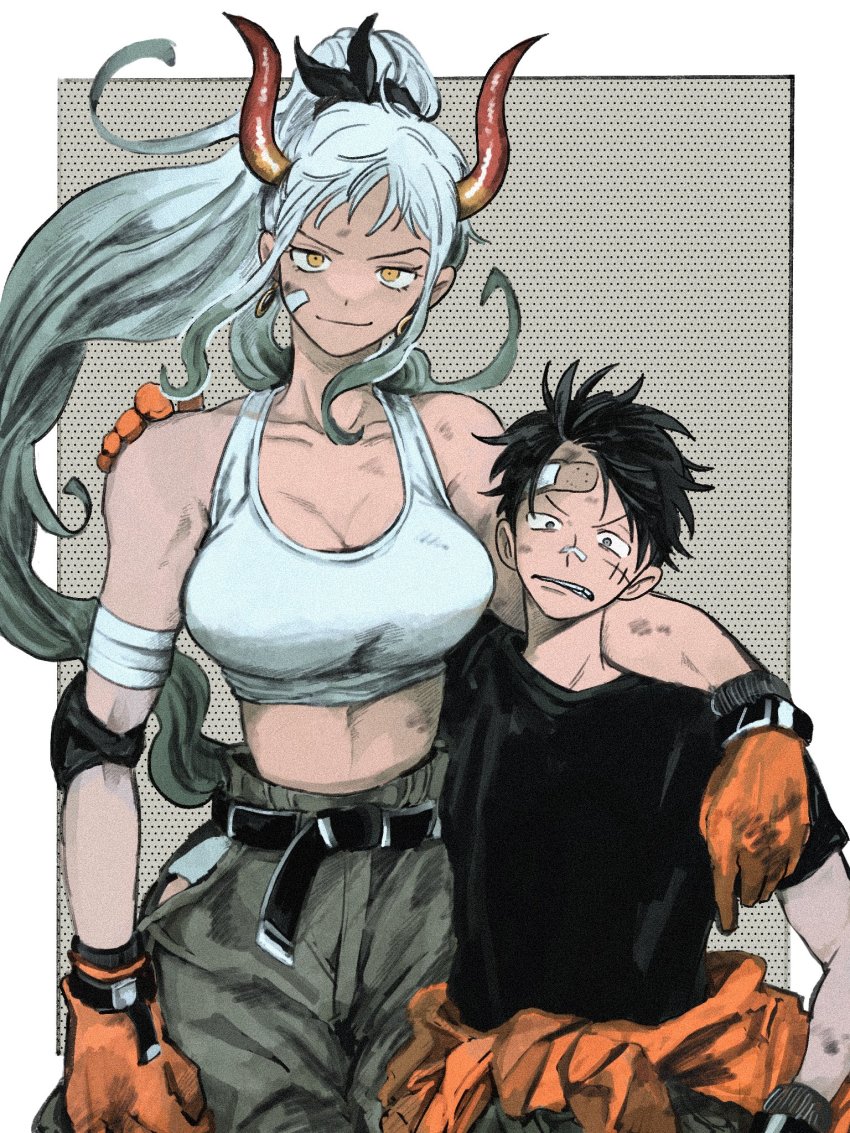 >:), 1boy, 1girl, alternate_costume, alternate_height, angry, arm_around_neck, arm_around_shoulder, arm_at_side, bandaid, bandaid_on_cheek, bandaid_on_face, bandaid_on_forehead, bandaid_on_nose, bare_shoulders, belt, black_hair, breasts, cleavage, clenched_teeth, closed_mouth, clothing_cutout, curled_horns, dirty, earrings, elbow_pads, facial_scar, gloves, height_difference, high_ponytail, highres, hip_vent, horns, jewelry, large_breasts, long_hair, looking_at_viewer, makenevemoiine, monkey_d._luffy, multicolored_hair, multicolored_horns, one_piece, pants, parted_lips, ponytail, red_horns, scar, scar_on_cheek, scar_on_face, shirt, short_hair, short_sleeves, side-by-side, smile, sports_bra, t-shirt, tall_female, teeth, two-tone_hair, v-shaped_eyebrows, very_long_hair, white_hair, yamato_(one_piece), yellow_eyes, yellow_horns
