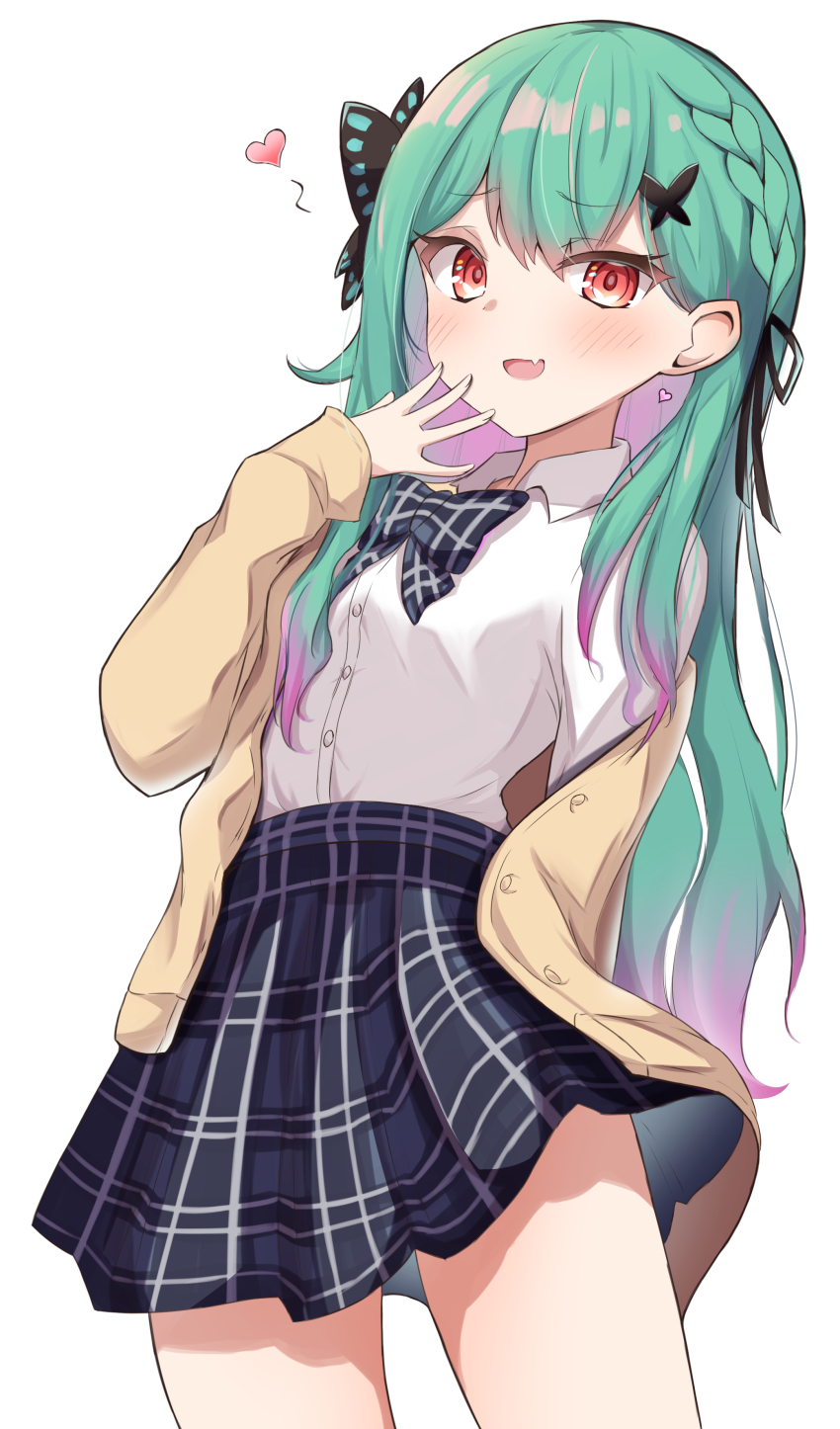 1girl, :d, absurdres, batarop, beige_cardigan, blue_bow, blue_bowtie, blush