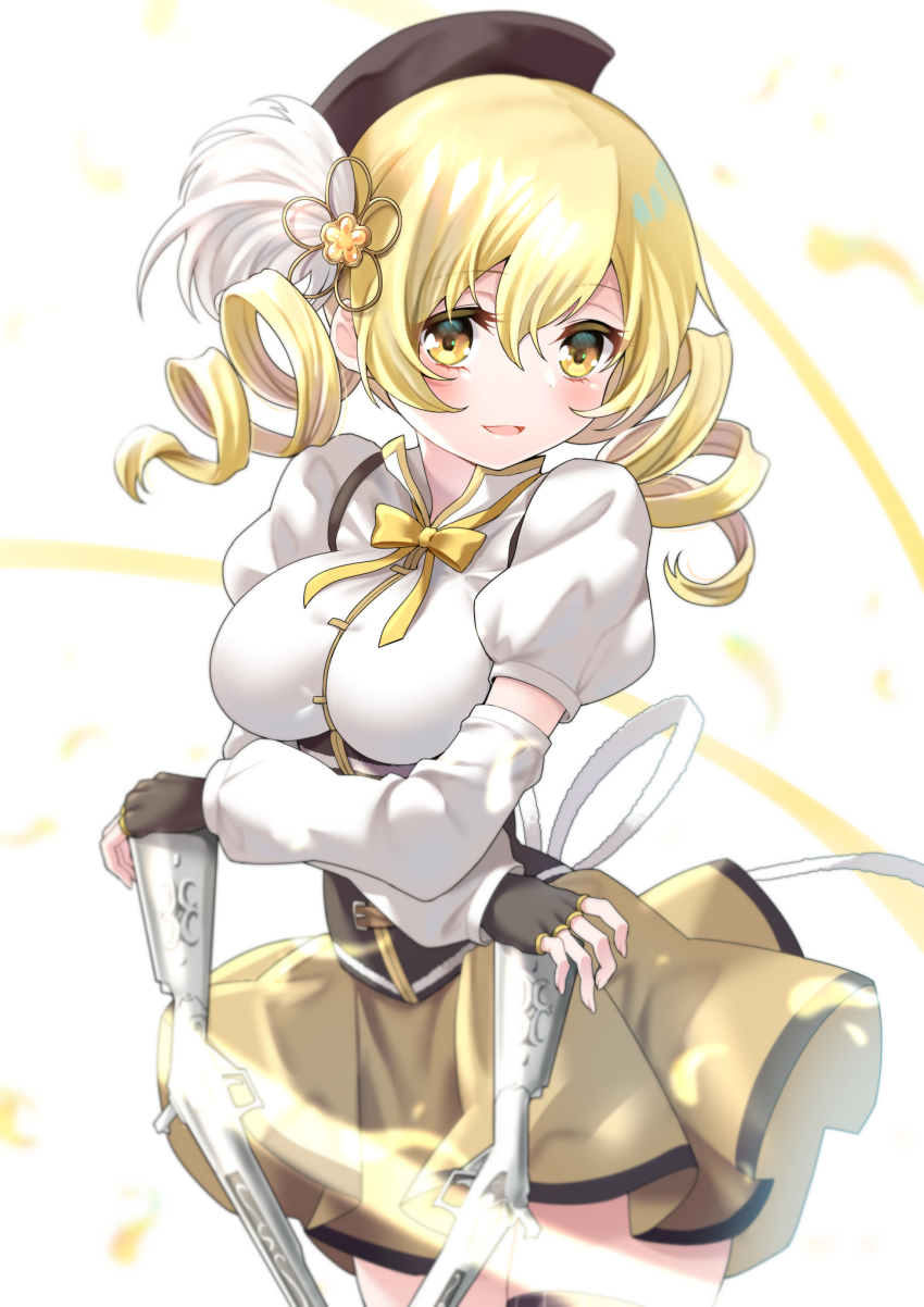 1girl, arm_support, back_bow, belt, belt_buckle, beret, black_gloves, black_hat