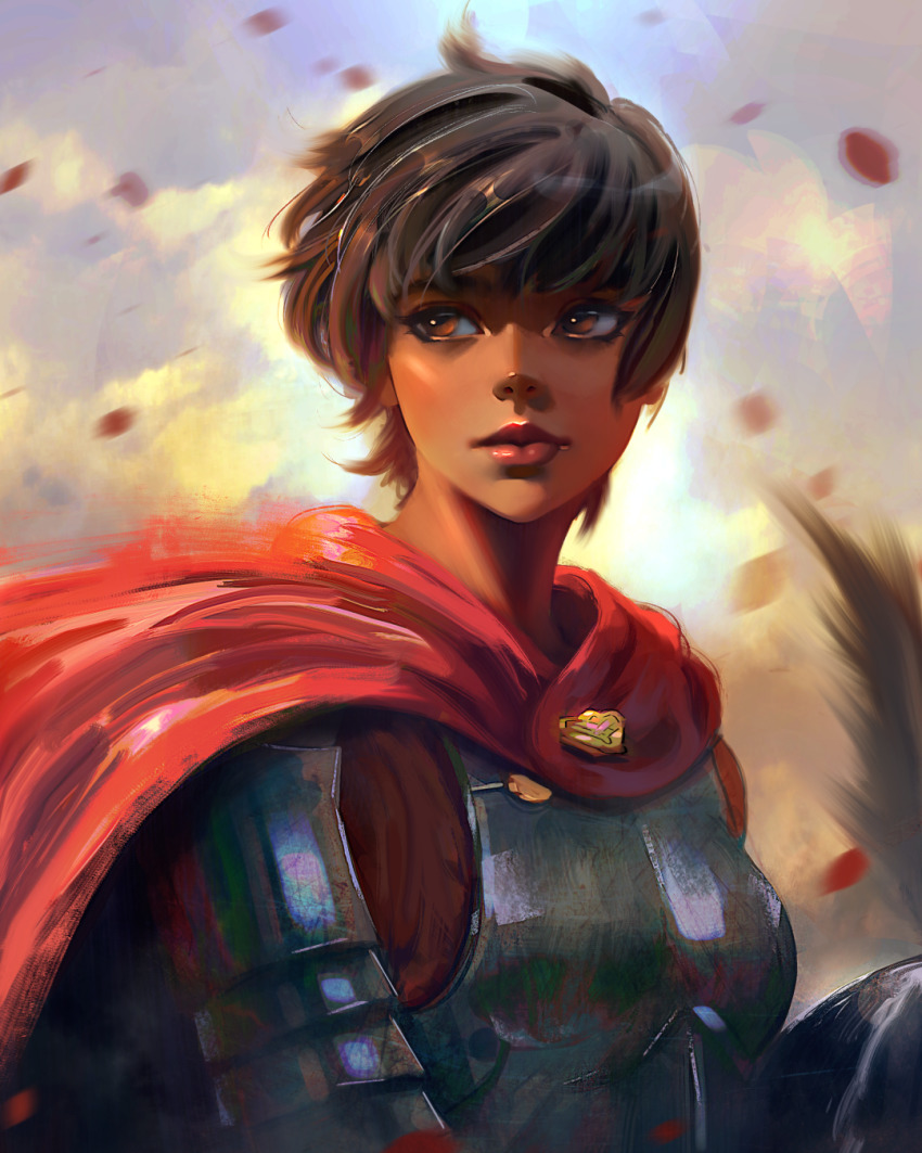 1girl, armor, berserk, breastplate, brown_eyes, brown_hair, cape, casca_(berserk), dark-skinned_female, dark_skin, facing_viewer, highres, lips, red_cape, sebijy, short_hair, shoulder_armor, solo_focus