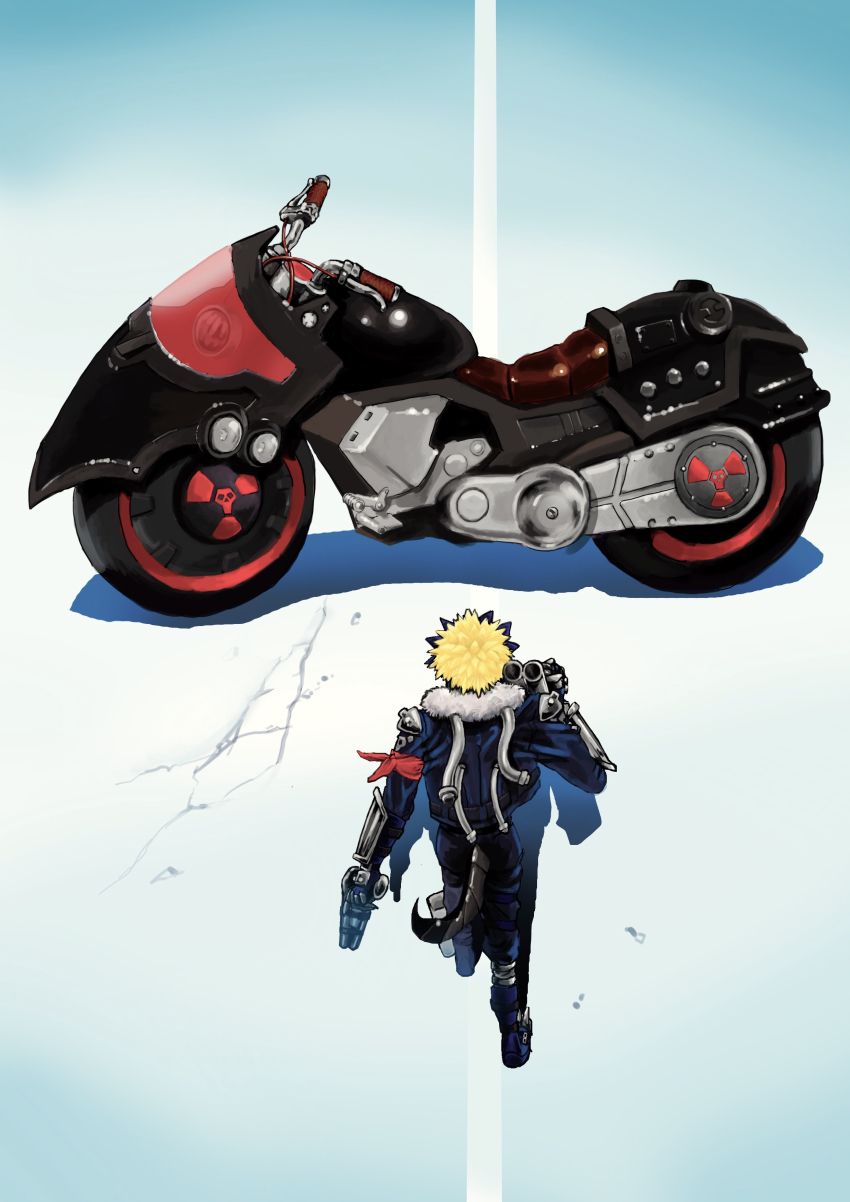 1boy, absurdres, akira_(manga), artist_request, beelzebumon, behemoth_(digimon), belt, black_jacket, claws, demon, digimon, digimon_(creature), full_body, fur_trim, gun, handgun, highres, holding, holding_gun, holding_weapon, jacket, male_focus, mask, motor_vehicle, motorcycle, parody, revolver, road, seven_great_demon_lords, street, tail, walking, weapon