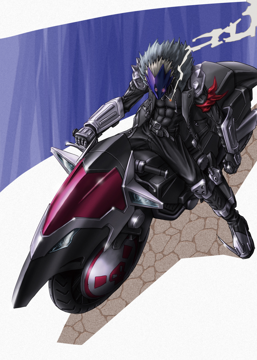 1boy, abs, absurdres, artist_request, beelzebumon, behemoth_(digimon), belt, black_jacket